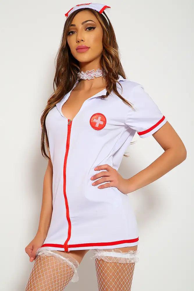 Sexy White Red Lace Zipper Dress Uniform Nurse Halloween Costume