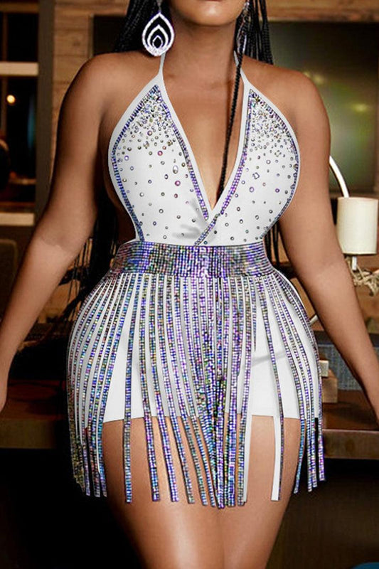 Sexy White Rhinestone Fringe Party Dress