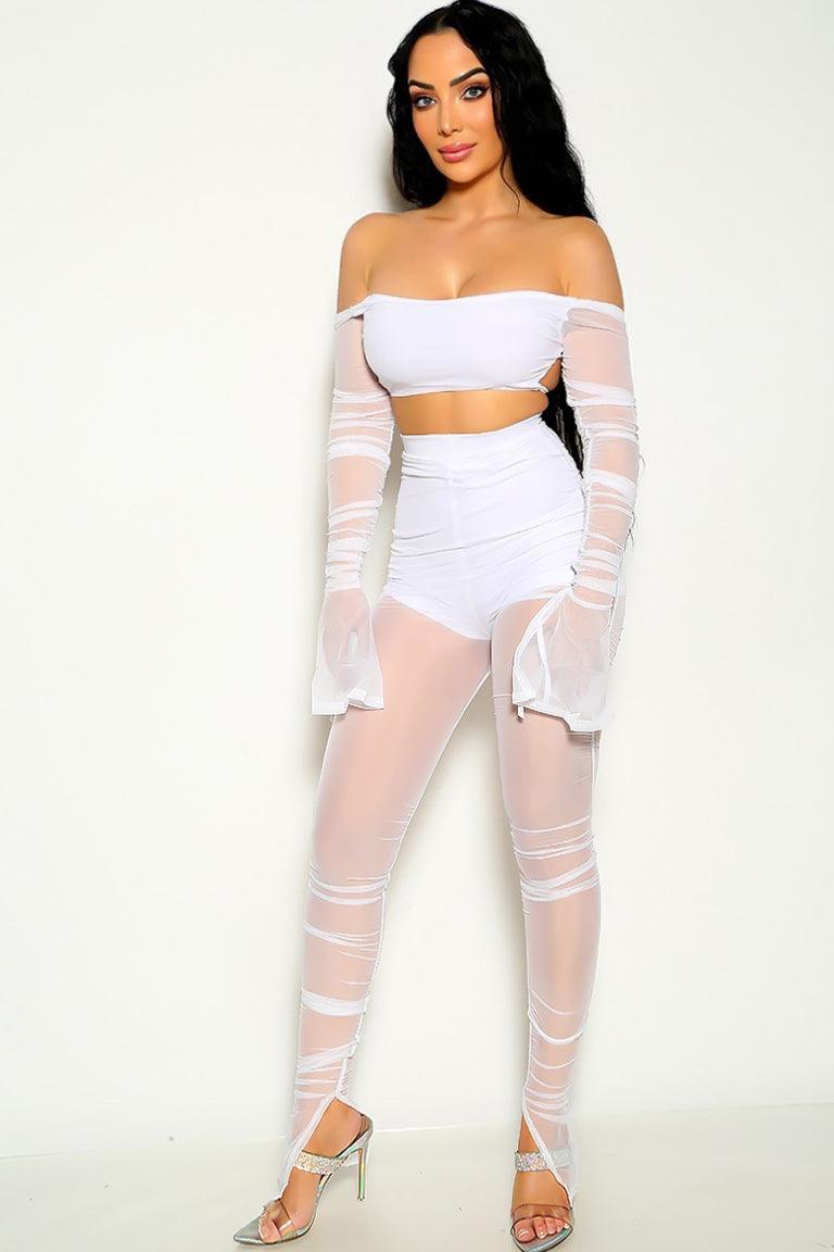 Sexy White Ruched Sheer Mesh Crop Top & Pants 2 Pc Set