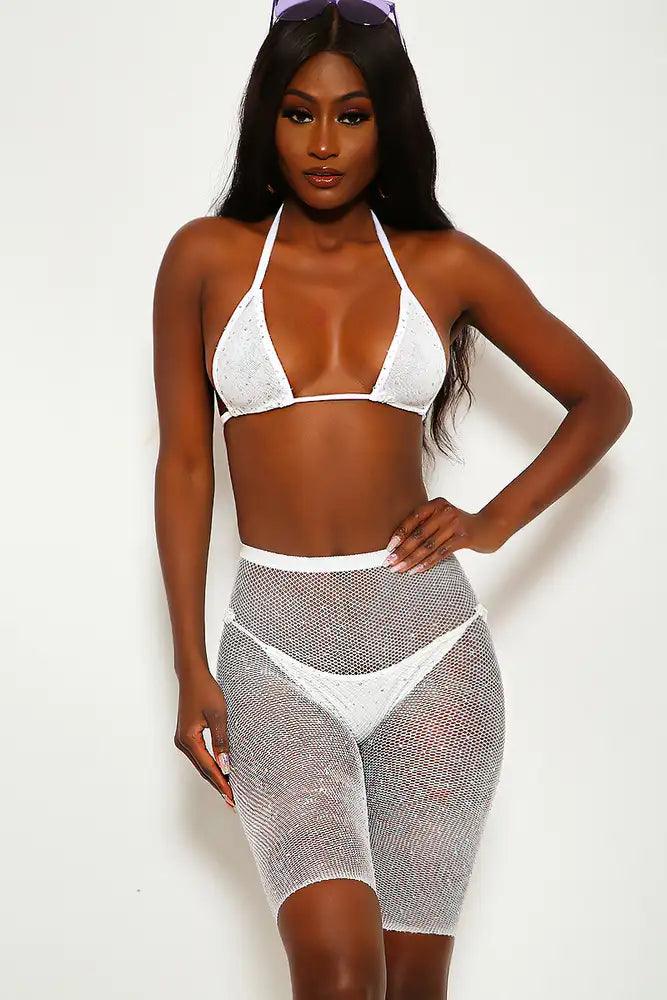 Sexy White Sparkle Rhinestone Two Piece Swimsuit - Babewear