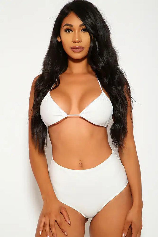 Sexy White Triangle High Waisted Two Piece Swimsuit - Babewear