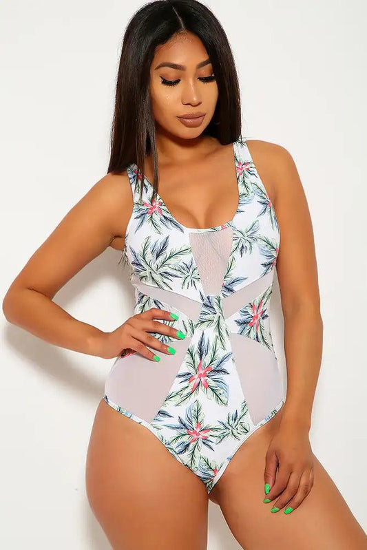 Sexy White Tropical Mesh Cut Out One Piece Swimsuit