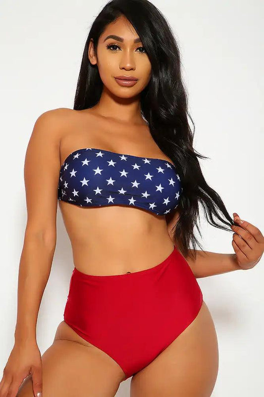 Sexy Wine Stars Bandeau High Waisted Two Piece Swimsuit - Babewear