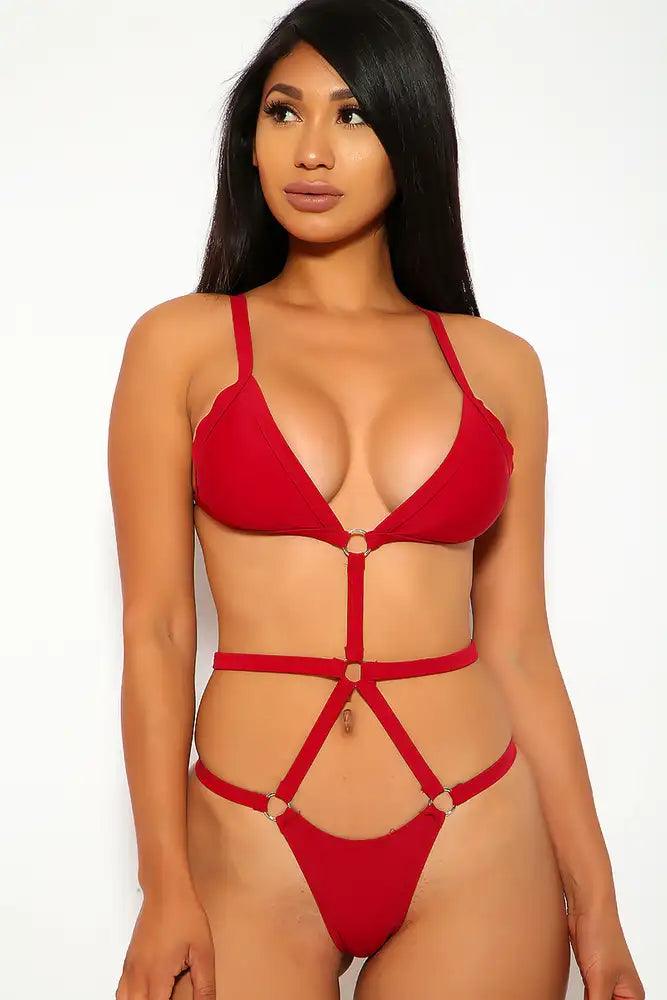 Sexy Wine Strappy Monokini O-Ring One Piece Swimsuit - Babewear