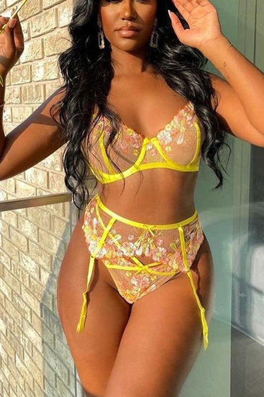 Sexy Yellow Pink Lace 2pc Lingerie Set With Garter Straps