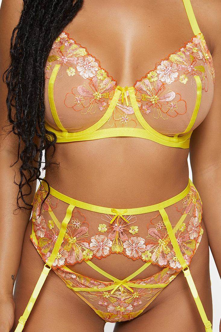 Sexy Yellow Pink Lace 2pc Lingerie Set With Garter Straps