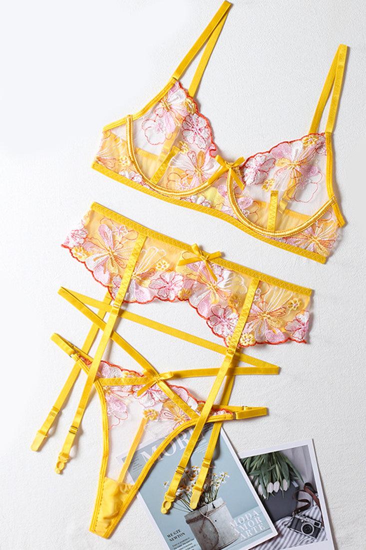 Sexy Yellow Pink Lace 2pc Lingerie Set With Garter Straps