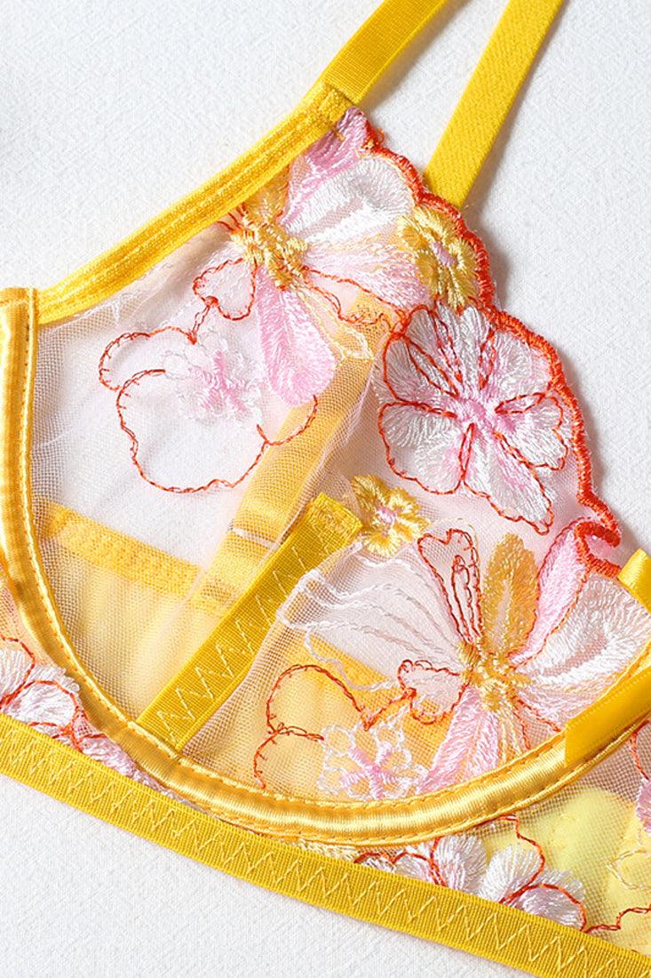 Sexy Yellow Pink Lace 2pc Lingerie Set With Garter Straps