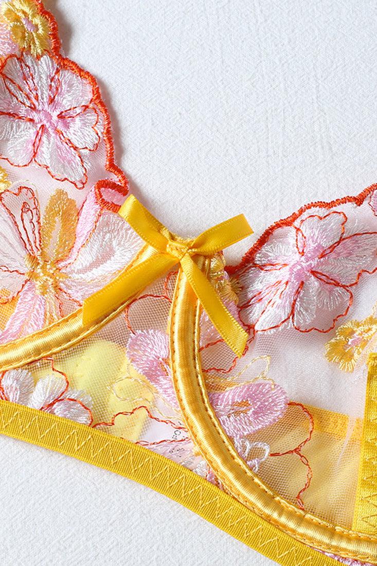 Sexy Yellow Pink Lace 2pc Lingerie Set With Garter Straps