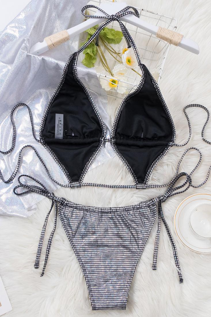 Silver Black Holographic Multi Style Draw String 2 Pc Sexy Swimsuit Set Bikini