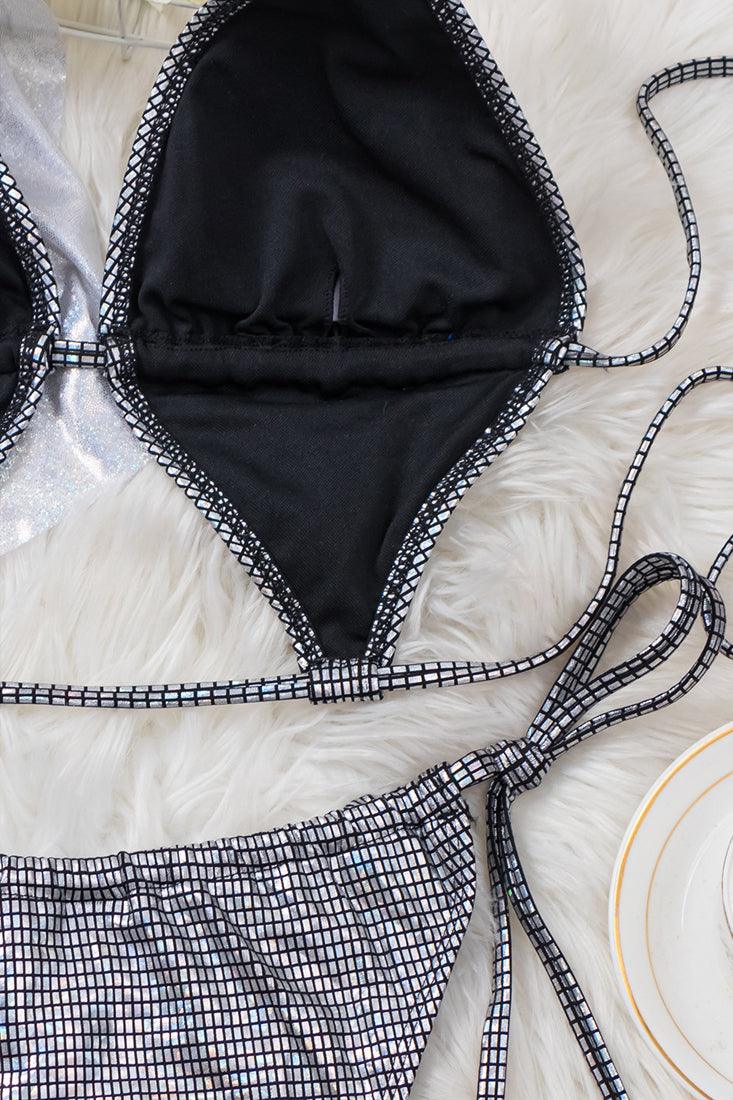 Silver Black Holographic Multi Style Draw String 2 Pc Sexy Swimsuit Set Bikini