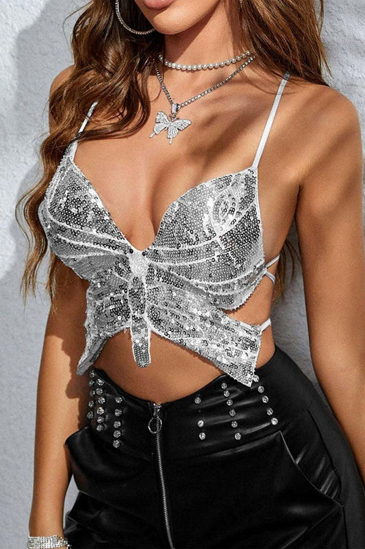 Silver Butterfly Sequin Sexy Backless Crop Top