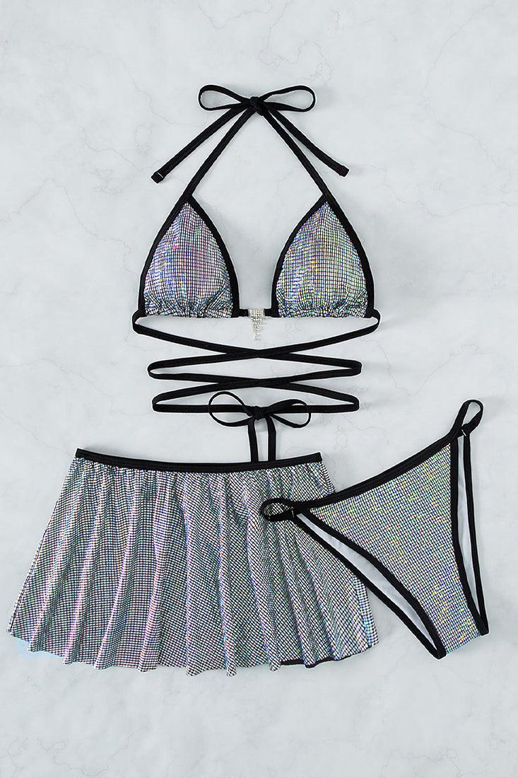 Silver Holographic Rhinestone Cheeky Skirt 3Pc Swimsuit Set