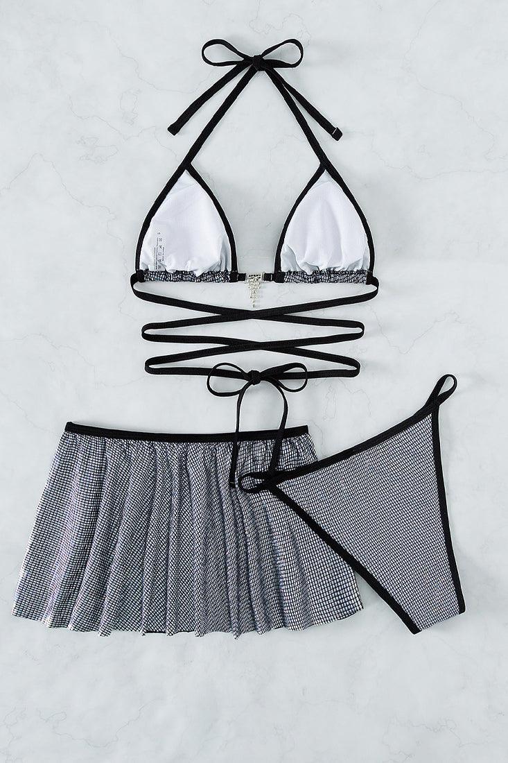 Silver Holographic Rhinestone Cheeky Skirt 3Pc Swimsuit Set