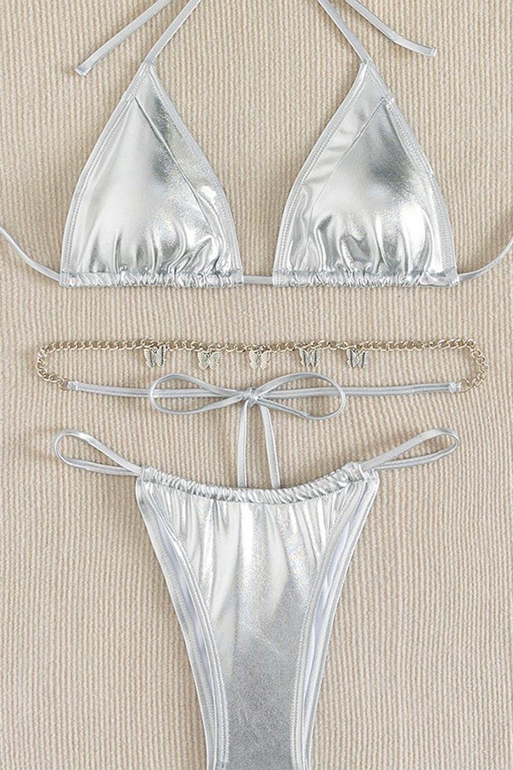 Silver Metallic Butterfly Body Chain Ultra Cheeky 3Pc Bikini Swimsuit Set