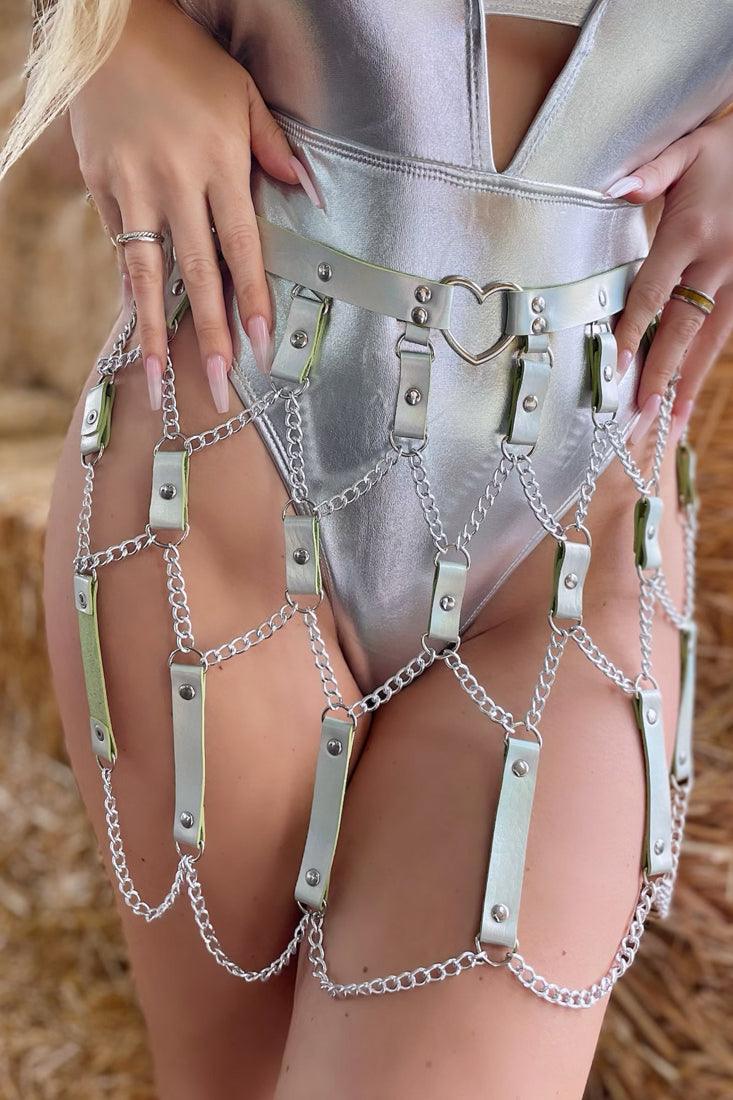 Silver Metallic Chain Front Skirt Belt