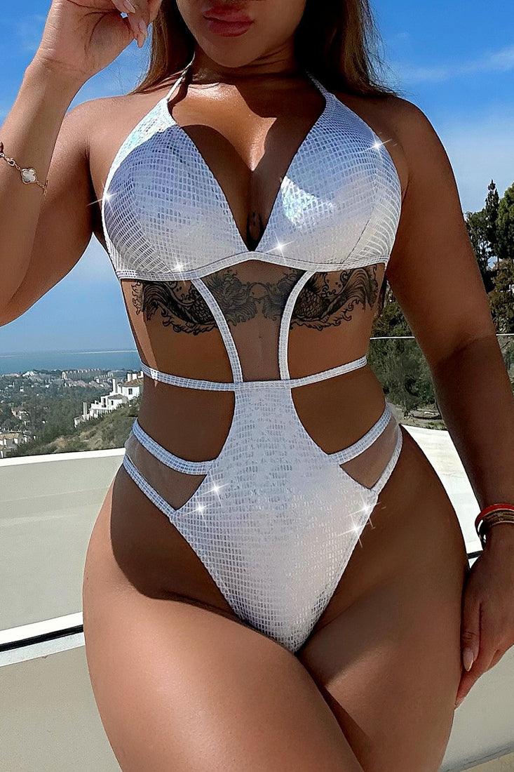 Silver Metallic Holographic Strappy Mesh Cheeky 1Pc Swimsuit Monokini