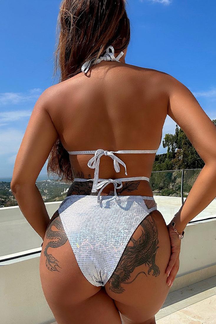 Silver Metallic Holographic Strappy Mesh Cheeky 1Pc Swimsuit Monokini