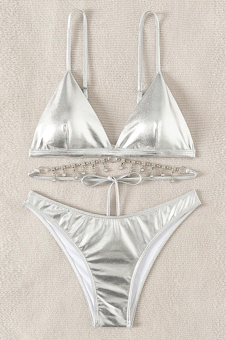 Silver Metallic Rhinestones Strappy Cheeky 2Pc Swimsuit Set