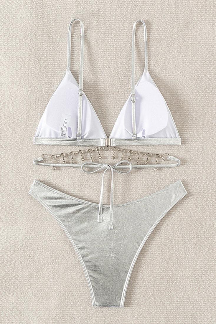 Silver Metallic Rhinestones Strappy Cheeky 2Pc Swimsuit Set