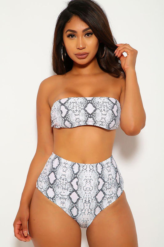 Snake Print Bandeau High Waist Two Piece Swimsuit - Babewear