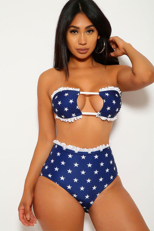 Star Print Blue White Lace Bandeau Two Piece Swimsuit - Babewear