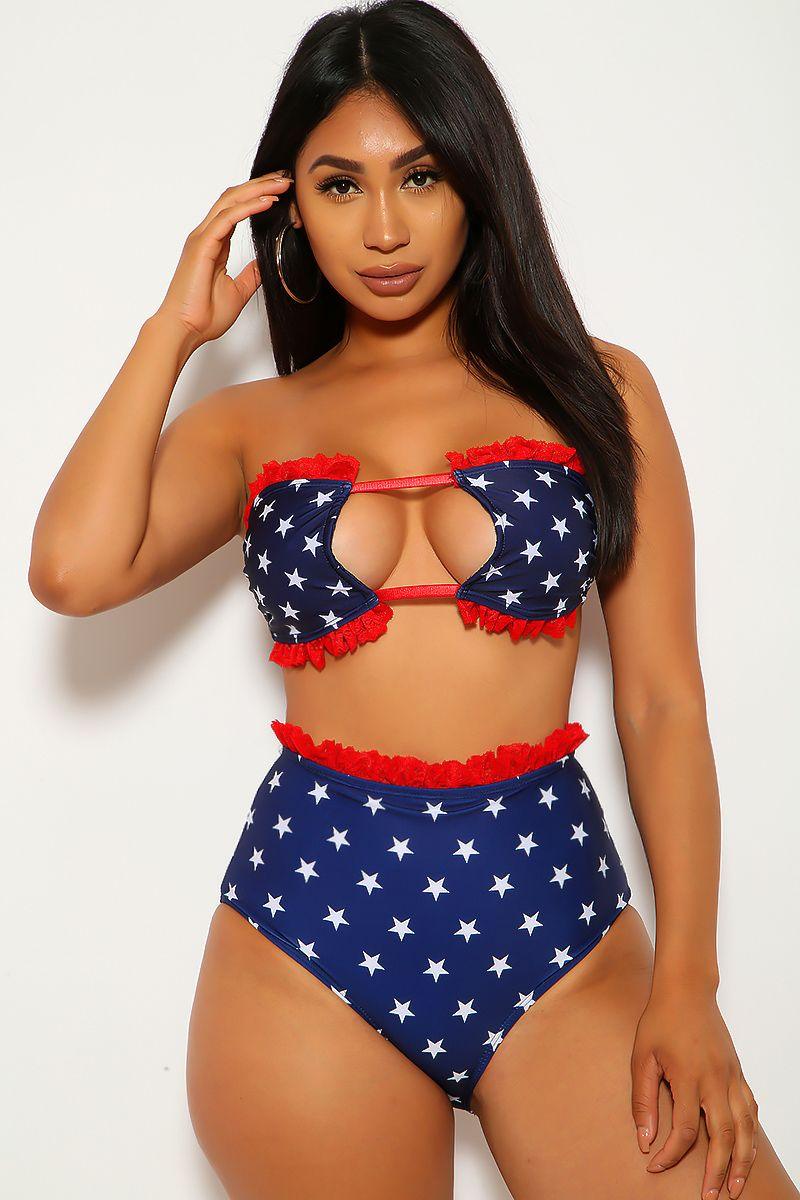 Star Print Red Lace Bandeau Two Piece Swimsuit - Babewear