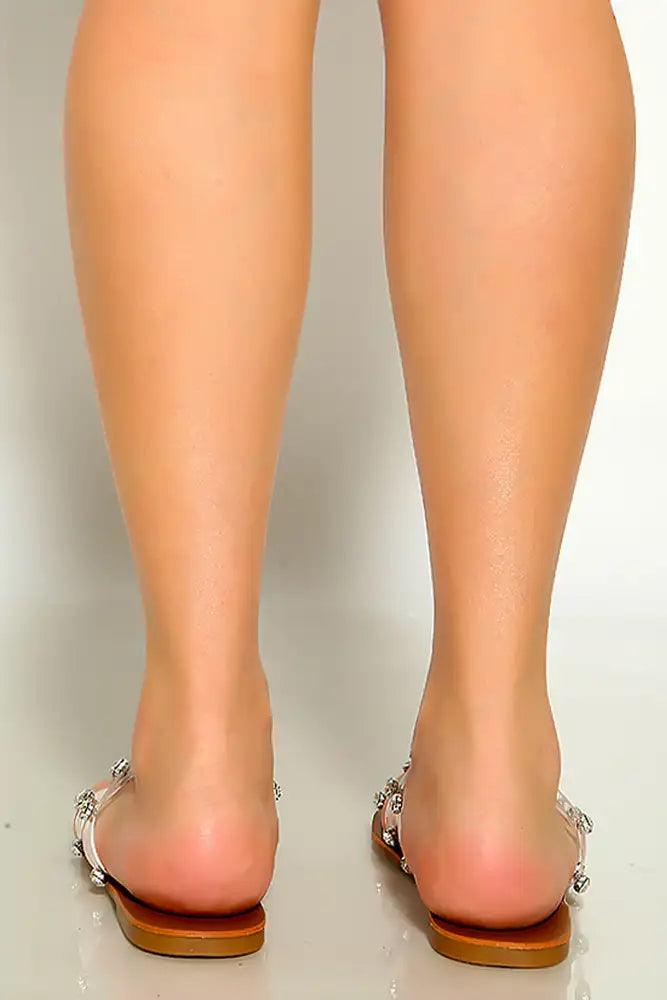 Tan Open Toe Clear Straps Slip on Sandals