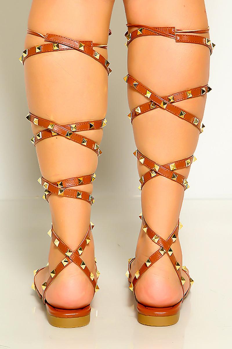 Tan Strappy Studded Wrap Around Sandals