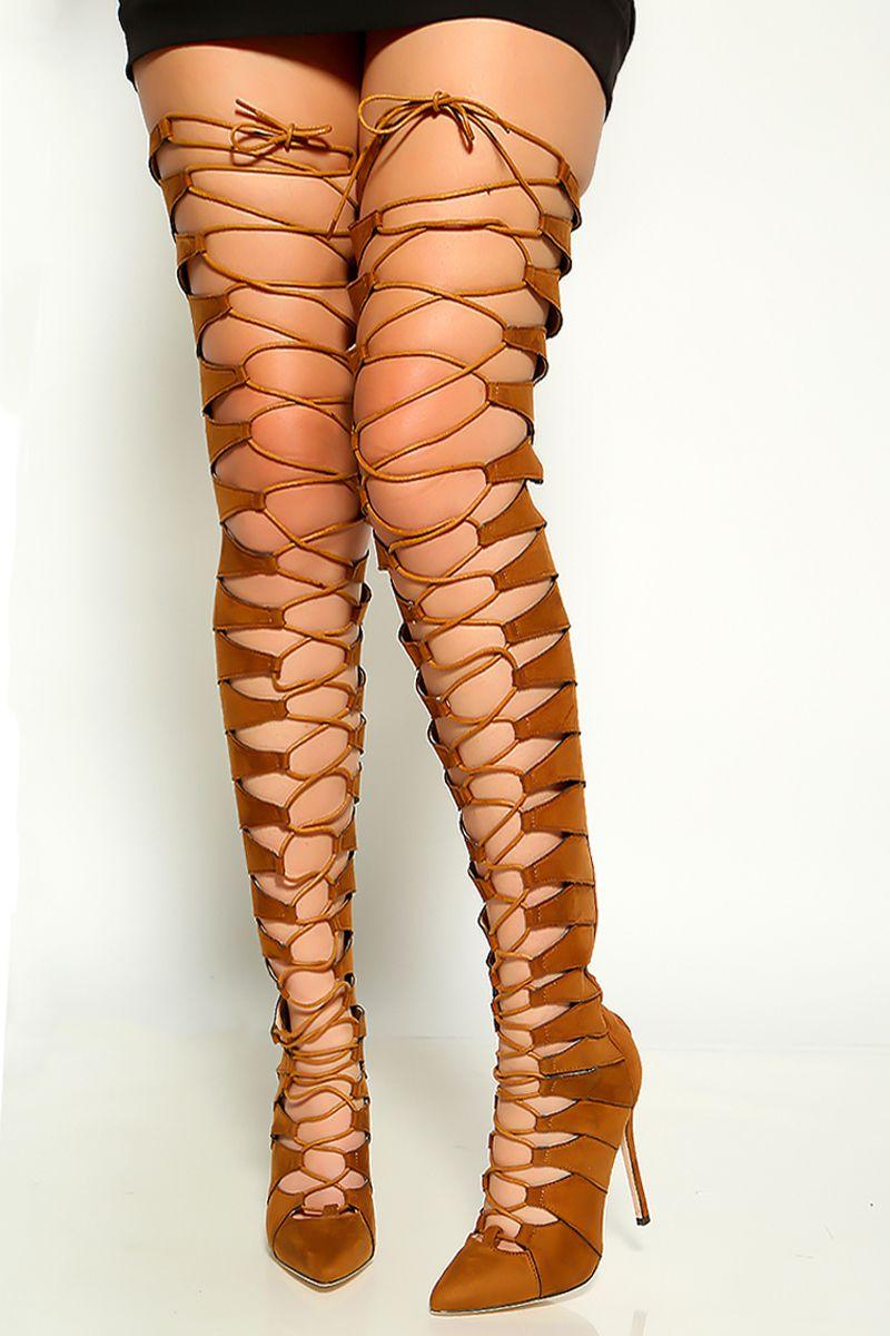 Tan Suede Lace Up High Heel Thigh High Boots Faux Suede