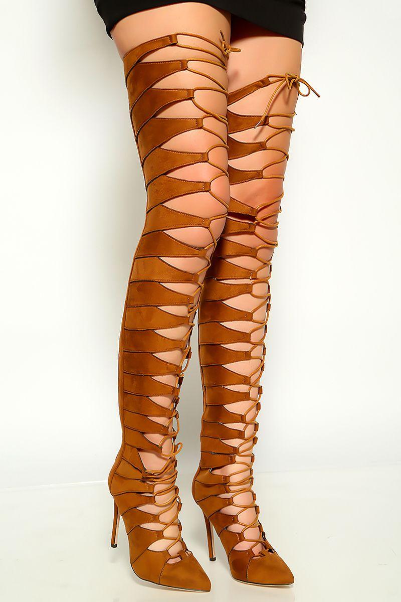 Tan Suede Lace Up High Heel Thigh High Boots Faux Suede