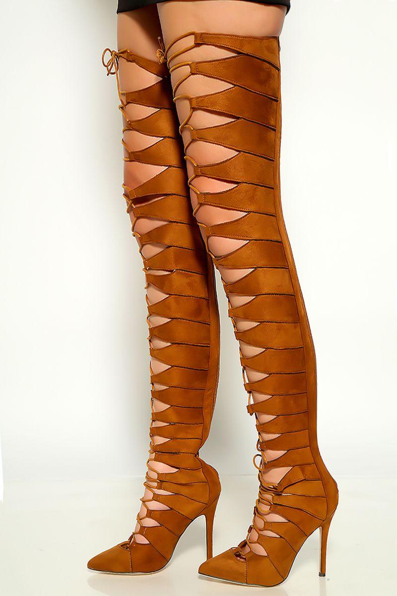 Tan Suede Lace Up High Heel Thigh High Boots Faux Suede