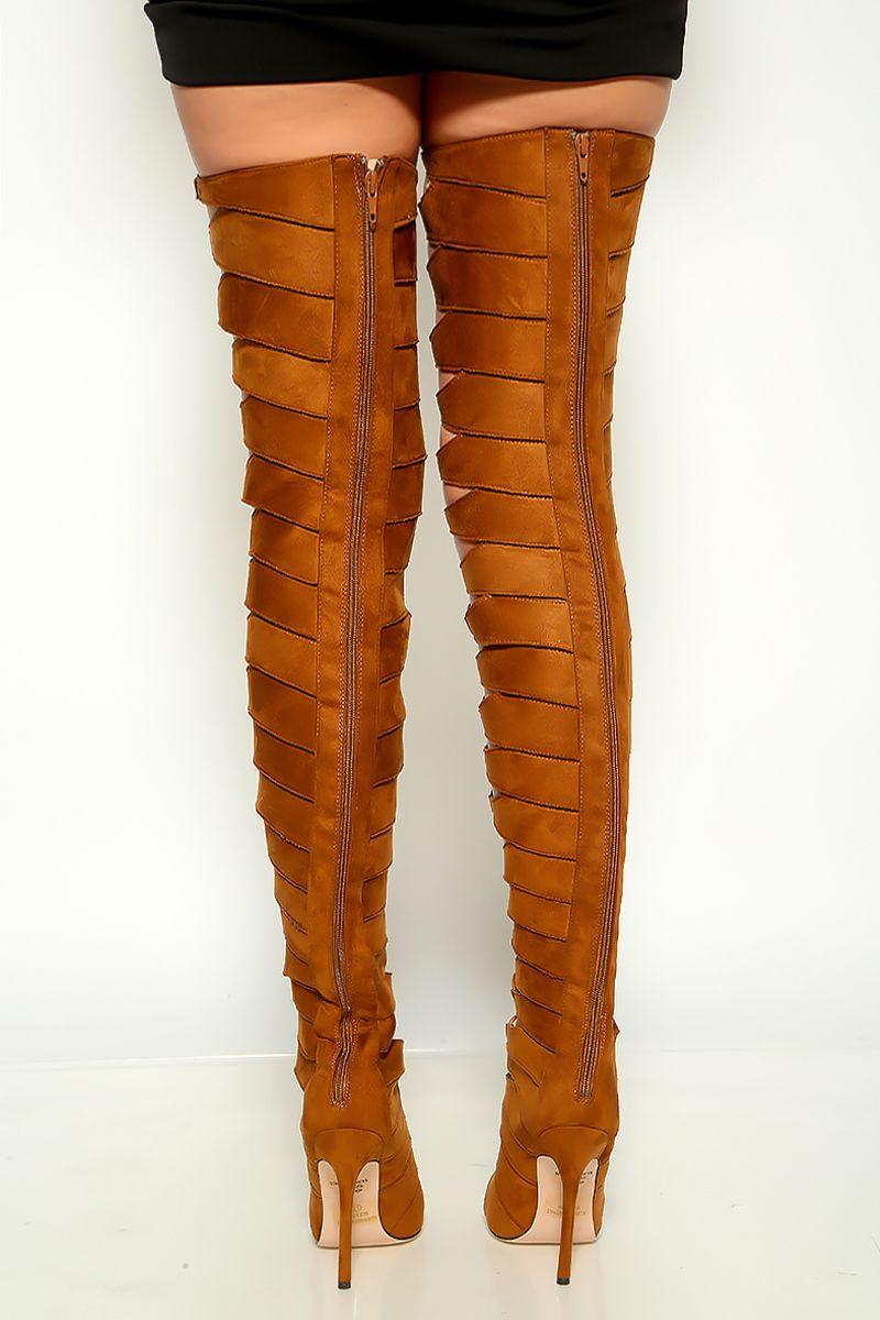 Tan Suede Lace Up High Heel Thigh High Boots Faux Suede