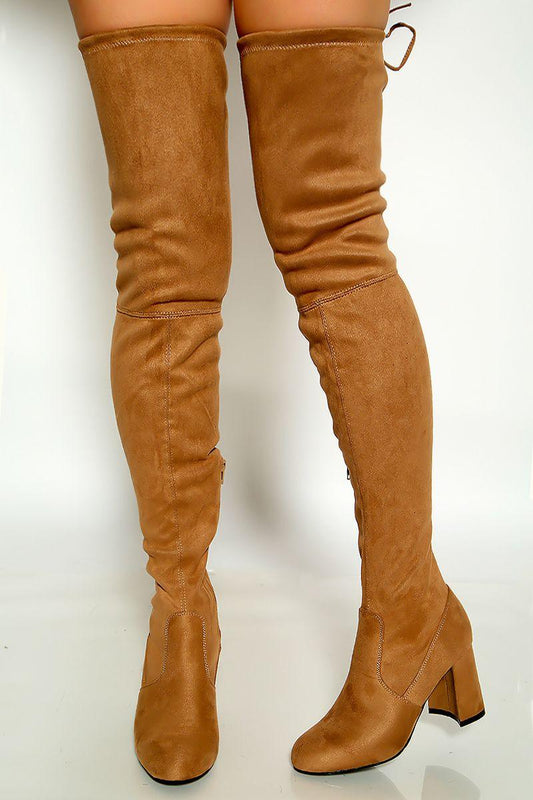 Taupe Round Toe Faux Suede Chunky High Heel Thigh High Boots