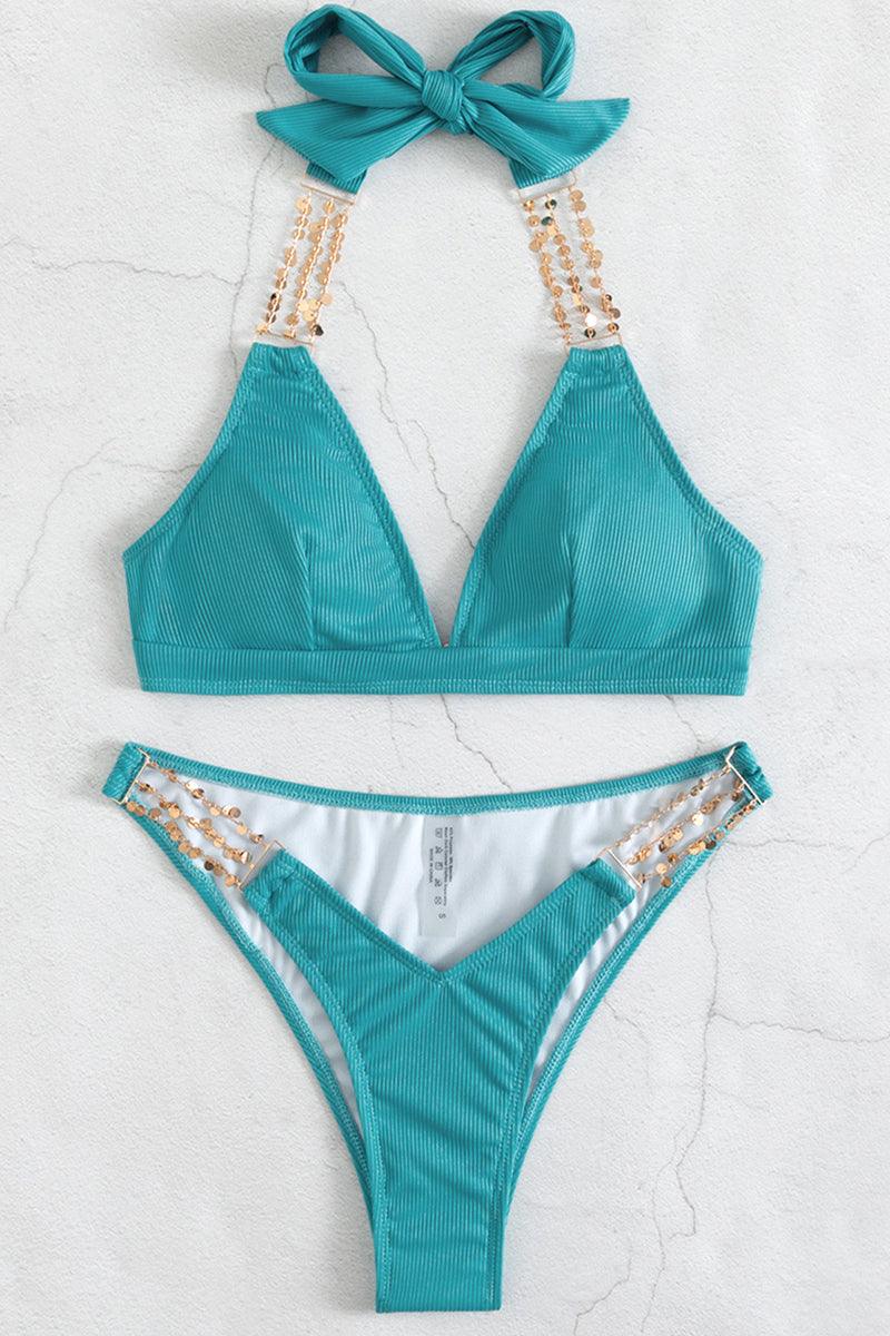 Teal Coin Accent Halter Sexy Two Piece Swimsuit