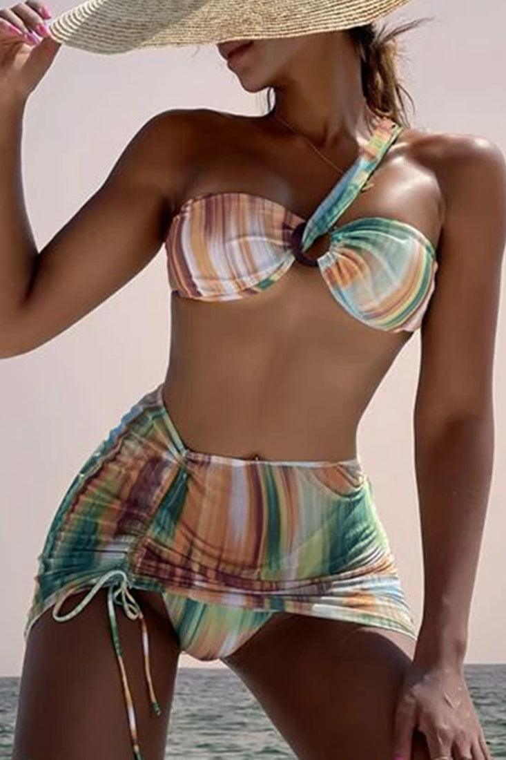 Tie Dye Printed One Shoulder 3 Pc Swimsuit With Skirt Cover Up