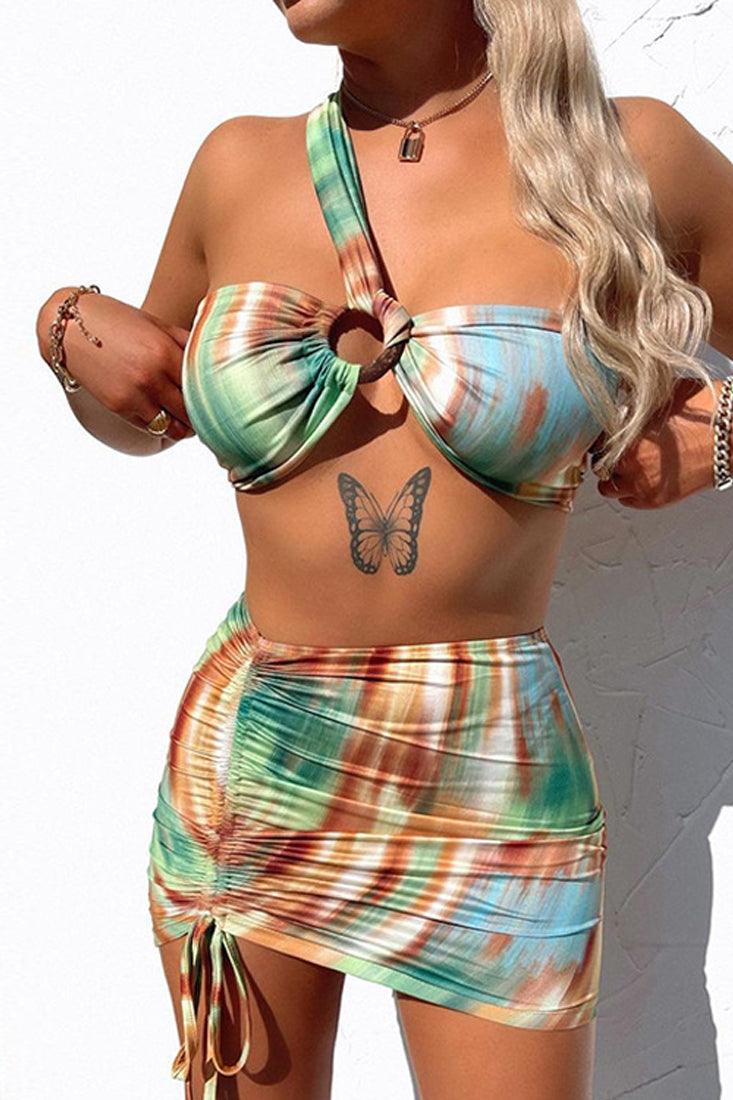 Tie Dye Printed One Shoulder 3 Pc Swimsuit With Skirt Cover Up