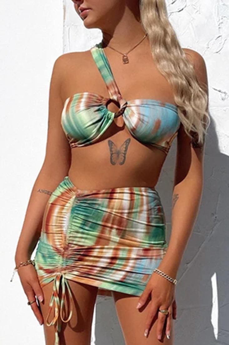 Tie Dye Printed One Shoulder 3 Pc Swimsuit With Skirt Cover Up