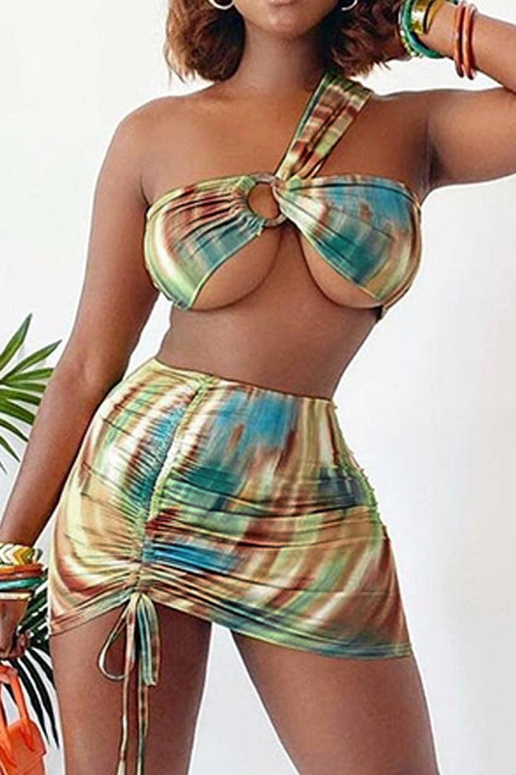 Tie Dye Printed One Shoulder 3 Pc Swimsuit With Skirt Cover Up