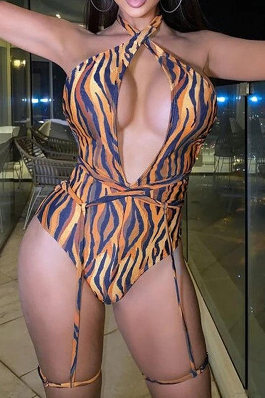 Tiger Print Garter Straps Sexy One Piece Sexy Swimsuit