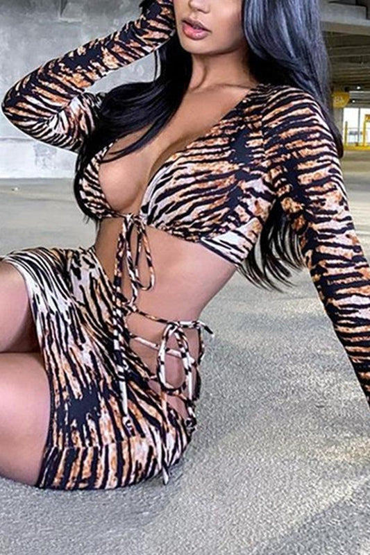 Tiger Print Long Sleeves Two Piece Dress