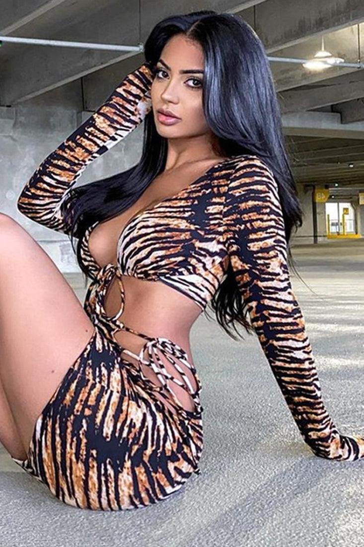 Tiger Print Long Sleeves Two Piece Dress