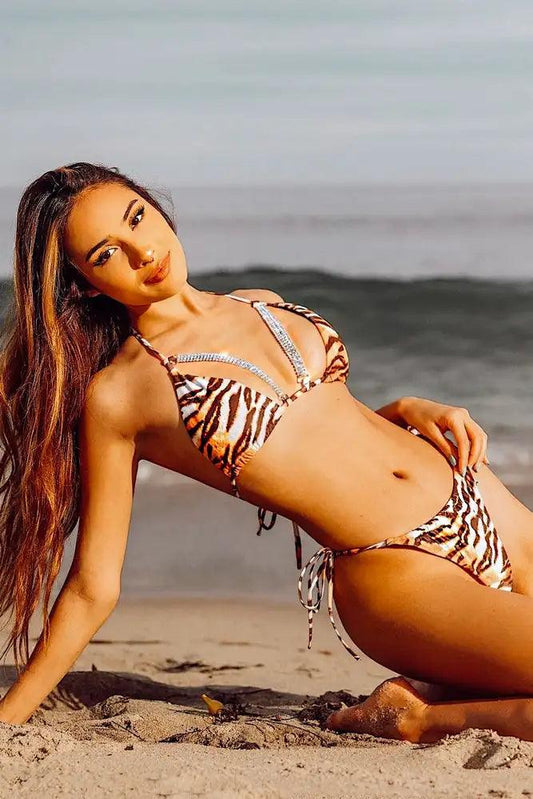 Tiger Print Rhinestone Accent Two Piece Sexy Swimsuit