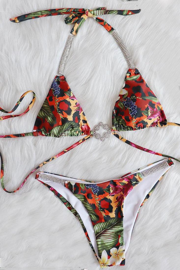 Tropical Rainbow Leopard Print Rhinestone Sexy Bikini