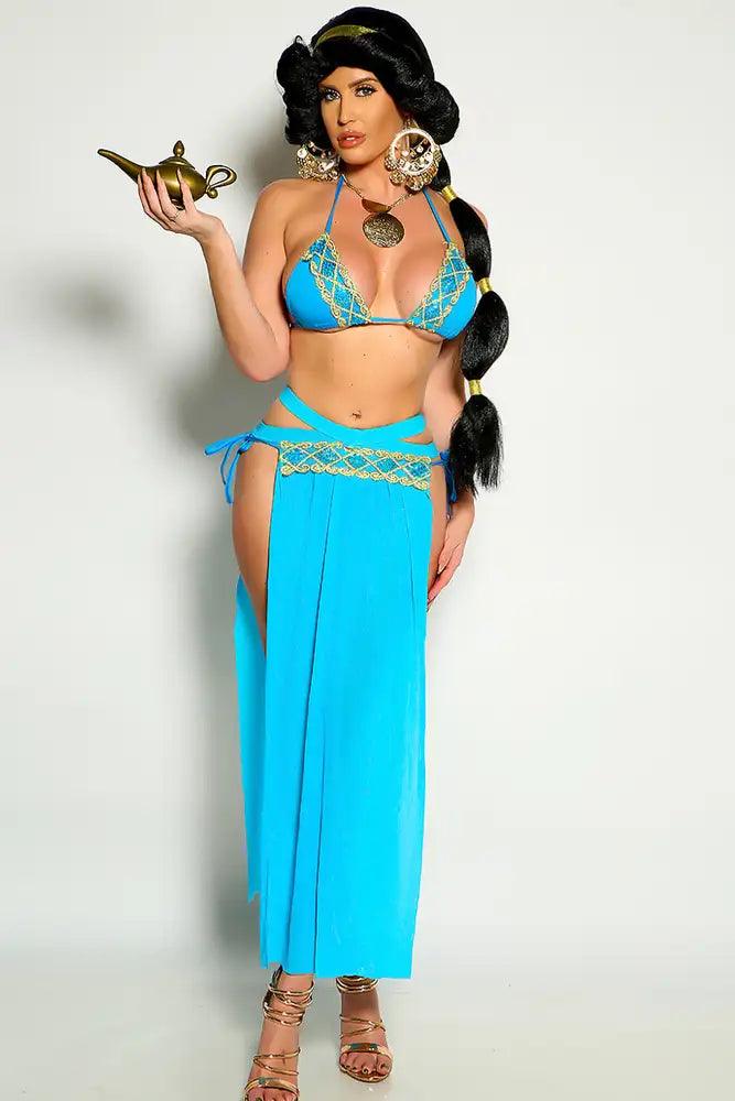 Turquoise Gold Embroidered Trim Detail High Cut Princess Jas 3 Piece Costume - Babewear