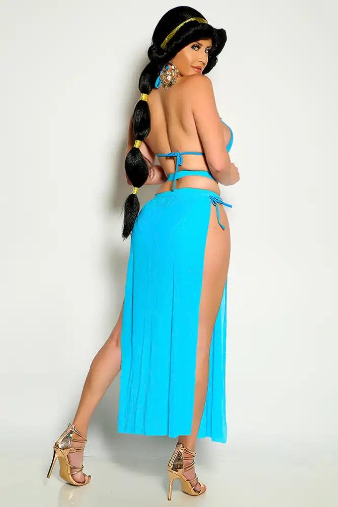 Turquoise Gold Halter Strappy High Cut Princess Jas 3 Piece Costume