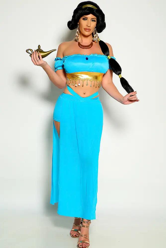 Turquoise Gold Off The Shoulder Fringe Princess Jas 3 Piece Costume - Babewear