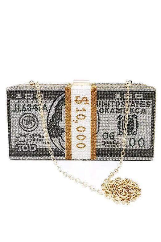 US Dollar Print Rhinestone High Polish Chain Shoulder Bag