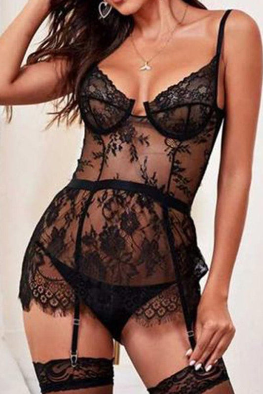 Black Eyelash Lace Garter Teddy Bodysuit Thong 2Pc Lingerie Set