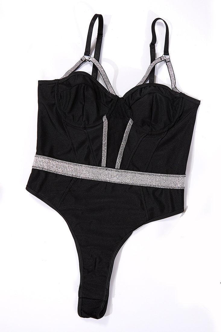 Black Silver Sparkly Strappy Mesh Cut-Out Thong Bodysuit Sexy Lingerie